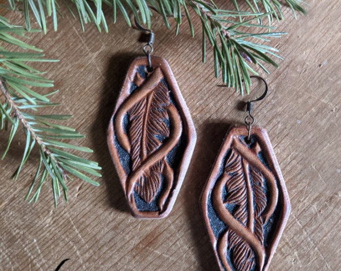 Hand Tooled Leather Feather Vine Earrings