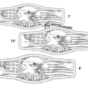 May include: A black and white line drawing of an American bald eagle with its wings spread, looking to the right. The eagle is superimposed over a distressed American flag with red and white stripes and white stars. The image is labeled "7.5" and "8" in inches, indicating the size of the design.