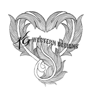 May include: A black and white line drawing of a heart shape formed by two stylized feathers. The text "KG WESTERN DESIGNS" is inside the heart.