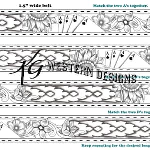 May include: A black and white design for a 1.5-inch wide belt. The design includes floral patterns, playing cards with the Ace of Spades, and geometric shapes. The text "WESTERN DESIGNS" is also present.