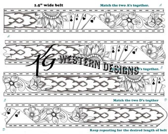 Playing Cards + Sunflower Floral Leather Belt Tooling Design Pattern PDF Download (2 Sizes)