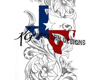 Leather Tooling Design, Texas State with Vines and Flowers. Carving Tracing PDF Pattern