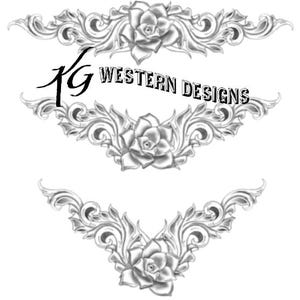 May include: Three black and white tattoo designs featuring a rose with ornate scrollwork. The designs are for a chest tattoo.