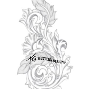 May include: A grayscale illustration of a floral scroll design. The design features leaves and swirling patterns, with the text "KG WESTERN DESIGNS" in the center. The artwork is set against a white background.