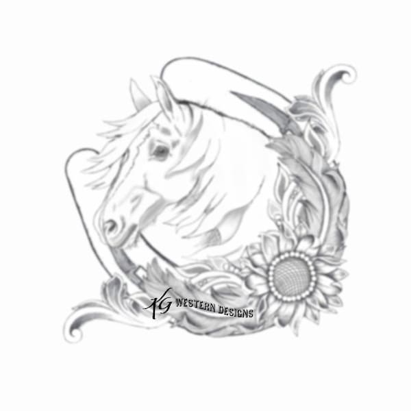 Leather Tooling Element Horseshoe with Horse - Sunflower and Feathers Western Design Carving Tracing Pattern
