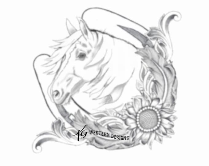 Leather Tooling Element Horseshoe with Horse - Sunflower and Feathers Western Design Carving Tracing Pattern