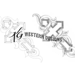 May include: A black and white line drawing of two crosses with intricate floral designs. The text "KG WESTERN DESIGNS" is visible below the crosses.