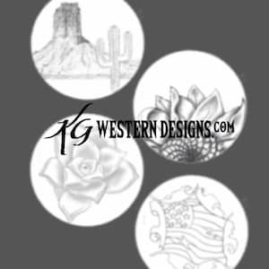May include: Four black and white images of different designs. The designs include a cactus and mountain, a flower, a rose, and a stylised American flag.