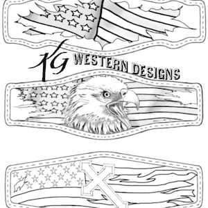 Puede incluir: Tres diseños rectangulares para correas de cinturón con arte lineal en blanco y negro. El superior muestra una bandera estadounidense rasgada, el medio un águila calva sobre una bandera y el inferior una cruz. Texto: KG WESTERN DESIGNS.
