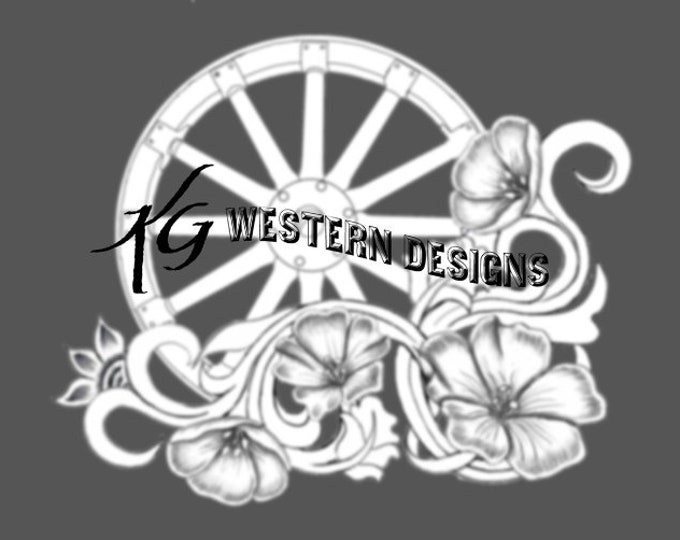 Western Wagon Wheel & Lewisflax Flowers, Corner Frame- Leather Tooling Design Carving Tracing Pattern