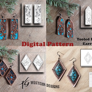 May include: Digital pattern for tooled leather earrings. The pattern includes two different designs: a floral design and a diamond design. The pattern is available as a PDF download.  The text "Tooled Leather Earrings" and "Digital Pattern" is visible in the image.