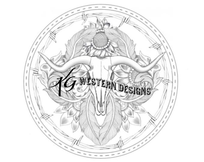 Leather Tooling-Western-Longhorn Cowskull-Vines -Feathers-Tracing Round Purse Design Pattern Template