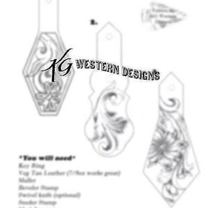 May include: A black and white line drawing of a key fob with a floral design. The drawing is labeled "Key Fob" and "Western Designs". The text "You will need" is listed with a list of materials needed to make the key fob.