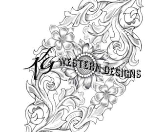 Leather Tooling Design Sunflower Floral Vines- Tracing Pattern PDF Download