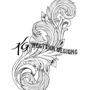 May include: A black and white line drawing of a stylised floral design. The design features intricate swirls and curves, resembling a feather or leaf. The text "KG WESTERN DESIGNS" is visible in the bottom left corner of the image.