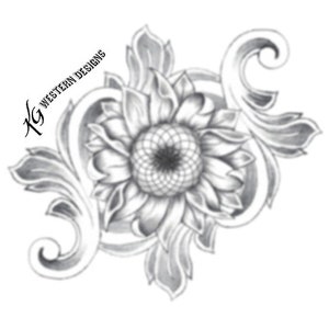 May include: A black and white line drawing of a sunflower with intricate floral designs. The sunflower is in the center of the design and is surrounded by swirling leaves and stems.