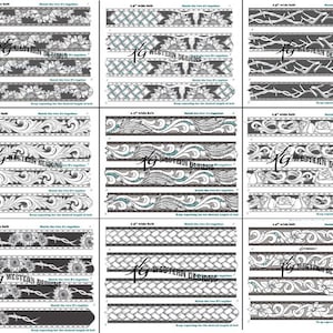 Pode incluir: Nove designs diferentes para fivelas de cinto de couro de 3,8 cm de largura. Cada design é mostrado em preto e branco e apresenta uma variedade de padrões, incluindo florais, geométricos e de arame farpado. Os designs são etiquetados como "1G Western Designs".