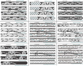 10 Pack Belt Patterns- PDFs- Western Tooling, Sunflowers, Feathers, Scrolls, Cowskulls, Flowers, Barbwire Pattern Designs Bundle