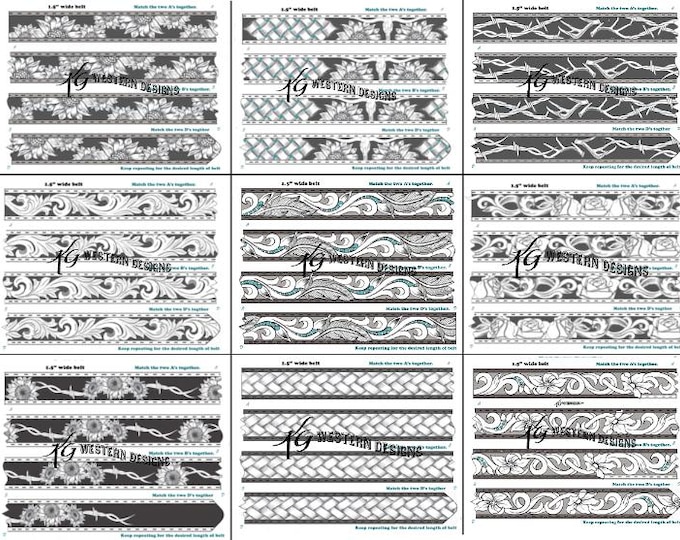 10 Pack Belt Patterns- PDFs- Western Tooling, Sunflowers, Feathers, Scrolls, Cowskulls, Flowers, Barbwire Pattern Designs Bundle