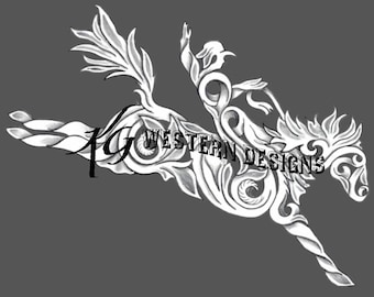 Western Bucking Horse and Rider Shape Design Floral Filigree Carving Leather Tooling Tracing Pattern PDF