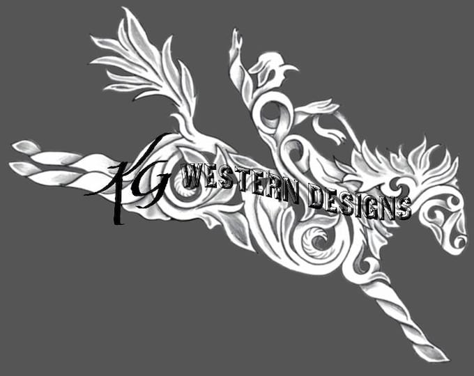 Western Bucking Horse and Rider Shape Design Floral Filigree Carving Leather Tooling Tracing Pattern PDF