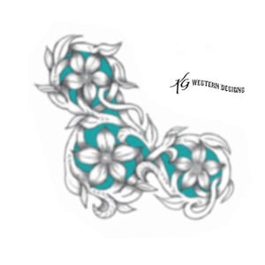 May include: A black and white floral design with three flowers and vines. The flowers are outlined in black and have a teal blue centre.