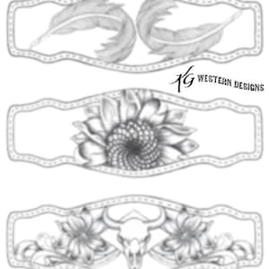 May include: Three black and white line art designs for leather tooling. The first design features two feathers, the second design features a sunflower, and the third design features a skull with floral accents. The designs are labelled "Western Designs".