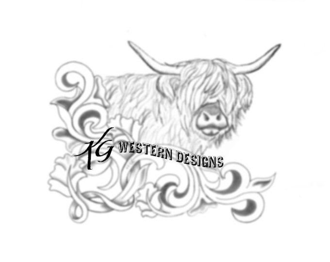 Highland Cow- Filigree Vines- Western Design Carving Leather Tooling Tracing Pattern