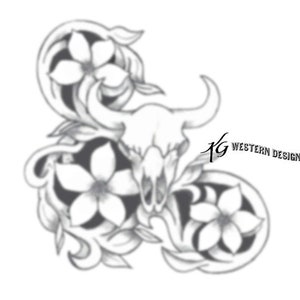 Flowers and Vines Western Bull Cow Skull Leather Tooling Tracing Pattern Corner Design