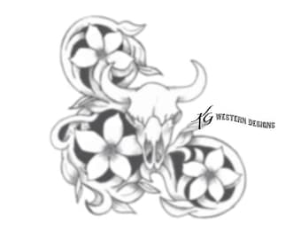 Flowers and Vines Western Cow Skull Leather Tooling Tracing Pattern Corner Design