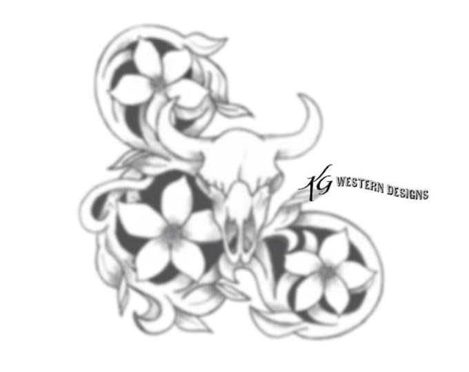 Flowers and Vines Western Bull Cow Skull Leather Tooling Tracing Pattern Corner Design