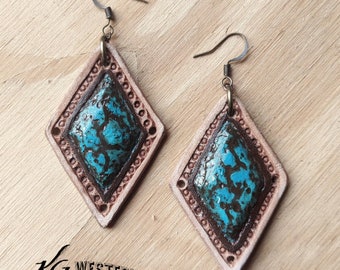 Hand Tooled Leather Carved Turquoise Stone Earrings