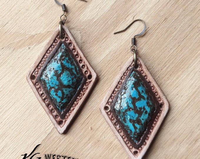 Hand Tooled Leather Carved Turquoise Stone Earrings