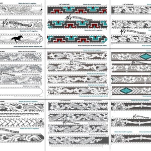 May include: Nine different designs for 1.5 inch wide leather belts. Each design is shown in black and white with a repeating pattern. The designs include floral, geometric, and western motifs. The text "1/2 Western Designs" is included in each design.