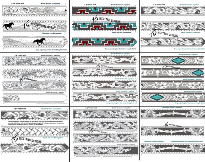 15 Leather Belts- PDF Pack- Western Tooling, Sunflowers, Feathers, Scrolls, Cowskulls, Flowers, Barbwire Pattern Designs Download