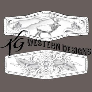 May include: A graphic logo featuring the text KG WESTERN DESIGNS in black. Two rectangular panels with stitched borders are displayed. The top panel shows a detailed sketch of an elk in a mountain landscape. The bottom panel features a floral design.