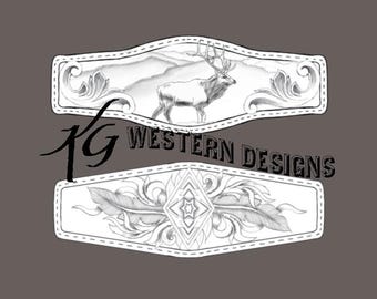 Elk-Mountains, Western-Aztec-Feathers Leather Bracelet Cuff Tooling Pattern Two Pack