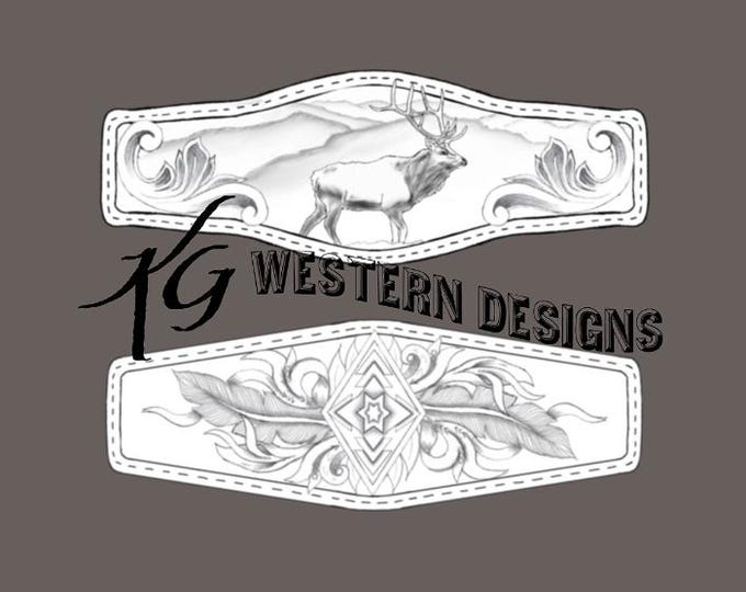 Elk-Mountains, Western-Aztec-Feathers Leather Bracelet Cuff Tooling Pattern Two Pack