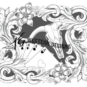 May include: A black and white illustration of a skull with playing cards and floral designs. The text "KG WESTERN DESIGNS" is visible in the image.