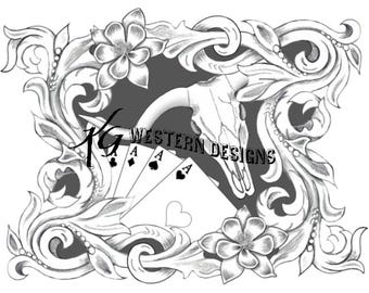 Leather Tooling Design, Playing Cards, Cowskull, Tracing Frame Border, Carving PDF Pattern