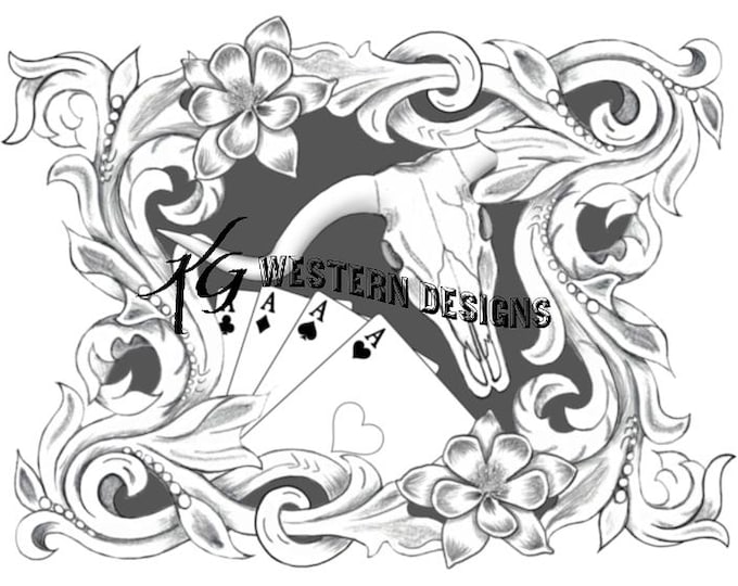 Leather Tooling Design, Playing Cards, Cowskull, Tracing Frame Border, Carving PDF Pattern