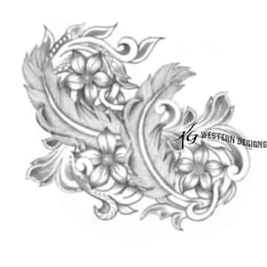 May include: A black and white line drawing of a floral design featuring feathers and leaves. The design is intricate and detailed, with a delicate and elegant feel.