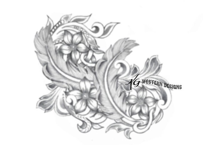 Feathers-Flowers-Vines Leather Tooling Carving Design Tracing Pattern
