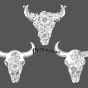 3 Cowskulls Pack- Sunflowers-Vines-Feathers-Western Design Carving Leather Tooling Tracing Pattern Pack