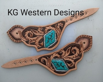 Leather Spur Strap Pattern PDF -Tooling Template- Turquoise Stone With Vines Designs