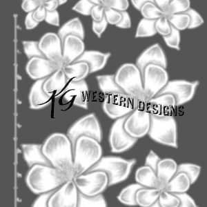 May include: Black and white line art design of seven magnolia flowers. The flowers are arranged in a cluster and have a simple, elegant design. The image includes the text "KG WESTERN DESIGNS".