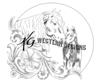 Mare & Foal Portrait- Western Design Carving Leather Tooling Tracing Pattern