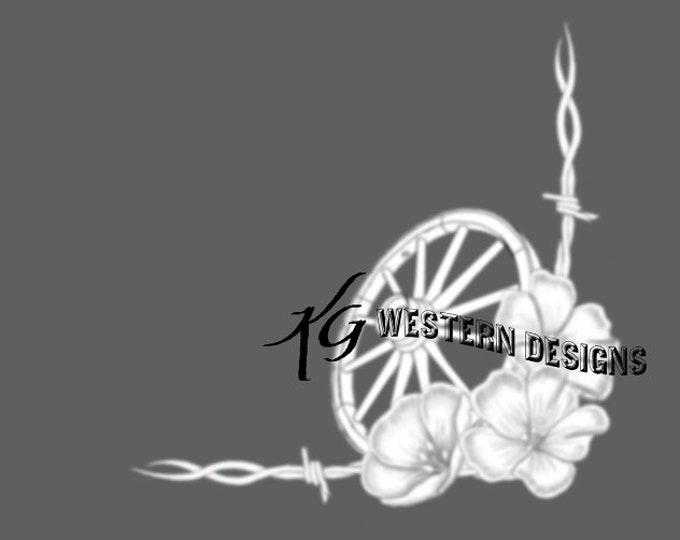 Western Wagon Wheel & Flowers, Barbwire Corner Frame- Leather Tooling Design Carving Tracing Pattern