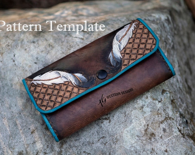 Leather Tooled Womans Wallet Phone Clutch Purse Pattern Template With Three Tooling Designs.