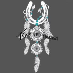 May include: A white horseshoe with turquoise beads and feathers, with three white sunflowers and turquoise beads hanging from the horseshoe. The text "1G WESTERN DESIGNS" is below the horseshoe.